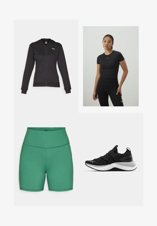 Black zip-up hoodie made of soft cotton blend, featuring a Kangaroo pocket, adjustable drawstrings, and a white logo on the left chest.; Black athletic top with short sleeves, made of smooth fabric. Features a small gray Puma logo on the chest. Worn with black high-waisted leggings.; Green athletic shorts made from stretchy material. High waistband, smooth texture, and flatlock seams for comfort. No visible patterns or hardware.; Black athletic shoe with a textured upper, elastic straps, and a thick white midsole. Features a grey accent along the sole.