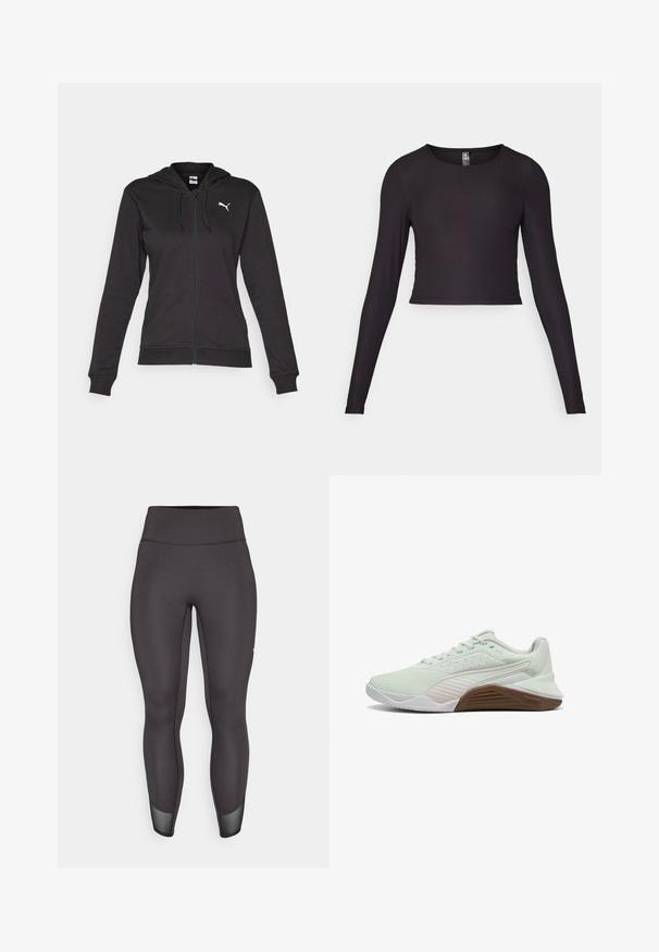 Juodas džemperis su užtrauktuku, pagamintas iš minkštos medvilnės mišinio, turintis kengūros kišenę, reguliuojamus raiščius ir baltą logotipą kairėje krūtinės pusėje.; Juodas ilgas rankovėmis trumpas viršus, pagamintas iš pluoštelio medžiagos. Turi apvalią iškirptę ir prigludusią siluetą su tekstūruota paviršiumi.; Aukštos juosmens juodi leggingai, lygi, tampri medžiaga, siaurėjančio kirpimo, tinklelio akcentai apačioje, sustiprinti siūlai ir nematomas prekės ženklas.; Šviesiai žalia sportinė avalynė su tekstūruota viršutine dalimi, baltais akcentais ir rudą guminę pada. Yra kvėpuojantis tinklelis ir sustiprinta pirštų dalis.