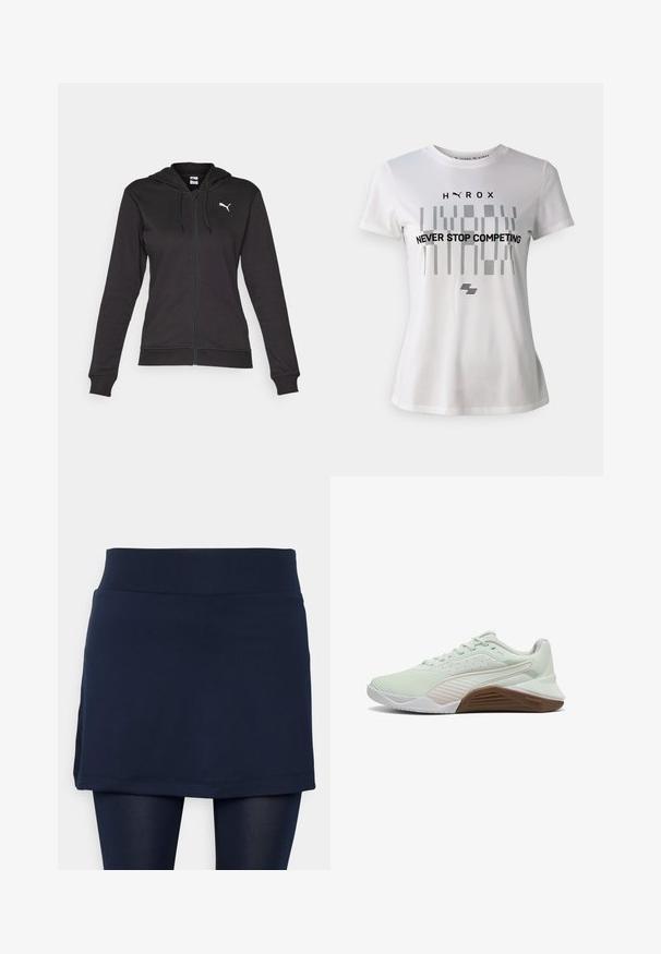 Fekete cipzáros kapucnis pulóver puha pamut keverékből, kenguru zsebbel, állítható húzózsinórral és fehér logóval a bal mellrészen.; Fehér sportpóló rövid ujjakkal, fekete geometrikus mintával és a "SOHA NE ÁLLJ MEG A VERSENYBEN" felirattal az elején.; Tengerészeti skort, sima, rugalmas derékkal és réteges dizájnnal; nyújtható anyagból készült, könnyű textúrájú.; Világoszöld sportcipő textúrált felsőrésszel, fehér kiegészítőkkel és barna gumitalppal. Lélegző hálós anyaggal és megerősített orral rendelkezik.