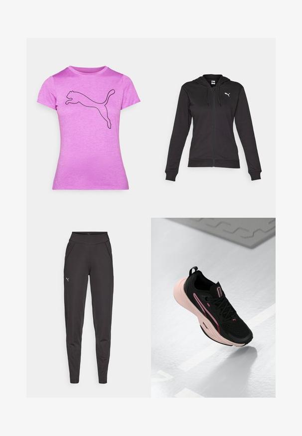 Svart zip-up hettegenser laget av en myk bomullsblanding, med kengurulomme, justerbare snorer og en hvit logo på venstre bryst.; Lilla kortermet t-skjorte laget av et mykt stoff, med en svart kontur av en hoppende panterlogo på fronten.; Sorte athletic leggings laget av elastisk materiale, med høy midje, sidelommer og en liten reflekslogo på venstre lår.; Svart idrettssko med rosa detaljer og strukturert overdel. Har en polstret rosa såle og svarte lisser. Lett design for ytelse.