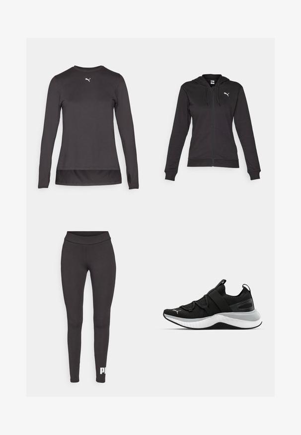 Hanorac negru cu fermoar, dintr-un amestec moale de bumbac, dotat cu un buzunar tip Kangaroo, șnururi ajustabile și un logo alb pe partea stângă a pieptului.; Cămașă sportivă neagră cu mâneci lungi și decolteu rotund, având un mic logo alb pe piept și găuri pentru degete la manșete. Textură netedă.; Colanți negri dintr-un material elastic, cu un talie înaltă și un logo alb imprimat pe piciorul din stânga jos. Textură netedă.; Pantof de sport negru cu un upper texturat, curele elastice și o talpă intermediară groasă albă. Are un accent gri pe lungimea tălpii.