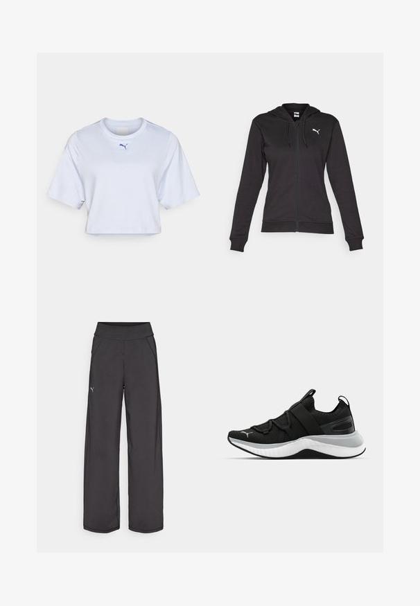 Černá zipová mikina vyrobená z měkké bavlněné směsi, s klokaní kapsou, nastavovacími šňůrkami a bílým logem na levé části hrudi.; Bílý zkrácený tričko s krátkými rukávy, s kulatým výstřihem a malým modrým logem Puma na hrudi. Hladká textilie.; Černé sportovní kalhoty s širokým pasem, bočními kapsami a plochými švy. Obsahují malé logo na levé nohavici. Vyrobeno z hladké, elastické tkaniny.; Černá sportovní bota s texturovaným svrškem, elastickými pásky a silnou bílou mezipodešví. Obsahuje šedý akcent podél podešve.