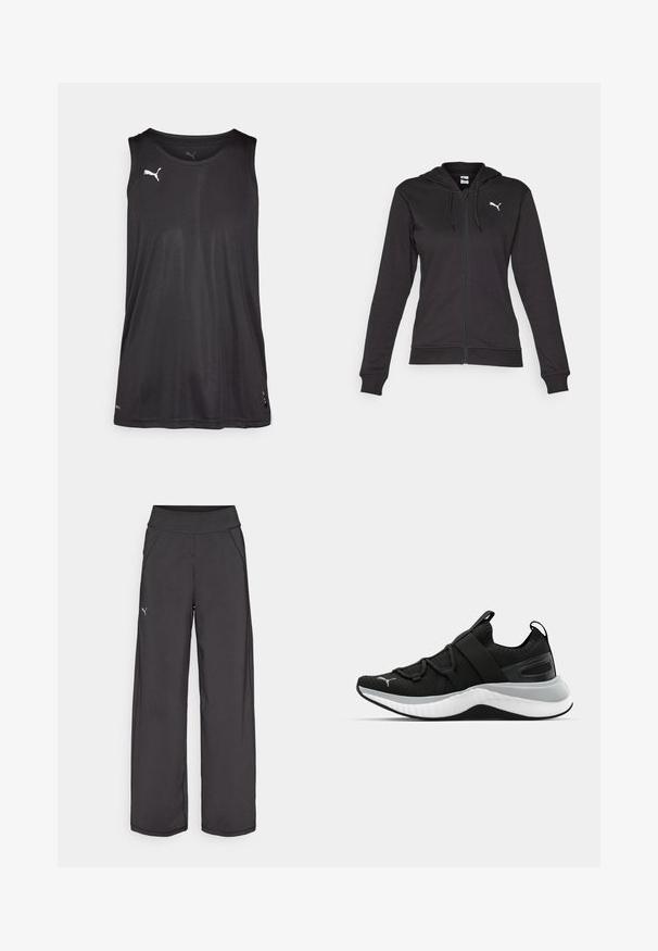 Juodas džemperis su užtrauktuku, pagamintas iš minkštos medvilnės mišinio, turintis kengūros kišenę, reguliuojamus raiščius ir baltą logotipą kairėje krūtinės pusėje.; Juodas be rankovių sportinis marškinėlis, pagamintas iš lygios medžiagos, su apvalia kaklo iškirpte ir balta logo viršutiniame kairiajame kampe.; Juodos sportinės kelnės su plačia juosta, šoninėmis kišenėmis ir plokščiomis siūlėmis. Kairėje kojoje pritvirtintas mažas logotipas. Pagamintos iš lygaus, tamprios medžiagos.; Juodas sportinis batelis su tekstūruota viršutine dalimi, elastingomis juostomis ir storesniu baltu tarpiniai. Yra pilkas akcentas palei pado kraštą.