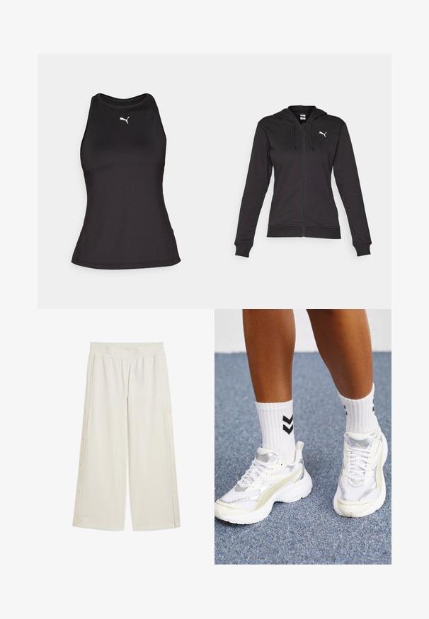 Czarna bluza z kapturem na zamek, wykonana z miękkiej mieszanki bawełny, z kieszenią kangurką, regulowanymi sznurkami i białym logo na lewej piersi.; Puma CLOUDSPUN czarny; Beżowe spodnie szerokiego kroju z elastycznym paskiem w talii, bocznymi zapięciami na zatrzask i małym logo z przodu. Wykonane z gładkiego, lekkiego materiału.; Białe sneakersy z srebrnymi akcentami, wykonane z siateczkowego materiału, o masywnej konstrukcji. Połączone z białymi skarpetkami z czarnym wzorem w zygzaki.