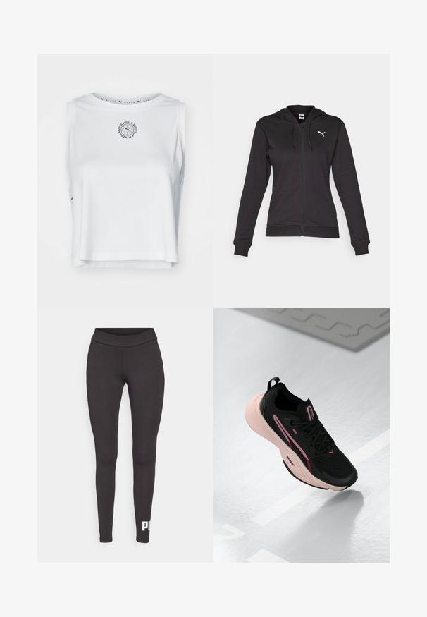 Sudadera con cremallera negra hecha de una suave mezcla de algodón, con un bolsillo canguro, cordones ajustables y un logo blanco en el lado izquierdo del pecho.; Top corto blanco fabricado con una tela suave y transpirable. Presenta un cuello redondo, un diseño sin mangas y un logo circular en negro en la parte frontal.; Leggings negros hechos de tela elástica, con una cintura alta y un logo blanco impreso en la parte inferior de la pierna izquierda. Textura suave.; Zapatilla deportiva negra con acentos rosados y un upper texturizado. Cuenta con una suela acolchada rosa y cordones negros. Diseño ligero para un mejor rendimiento.