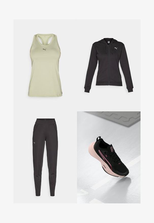 Black zip-up hoodie made of soft cotton blend, featuring a Kangaroo pocket, adjustable drawstrings, and a white logo on the left chest.; Light green athletic tank top with racerback design, featuring a subtle logo on the chest and smooth, stretchy fabric.; Black athletic leggings made of stretchy fabric, featuring a high waistband, side pockets, and a small reflective logo on the left thigh.; Black athletic shoe with pink accents and a textured upper. Features a cushioned pink sole and black laces. Lightweight design for performance.