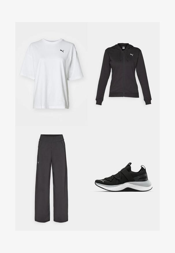 Juodas džemperis su užtrauktuku, pagamintas iš minkštos medvilnės mišinio, turintis kengūros kišenę, reguliuojamus raiščius ir baltą logotipą kairėje krūtinės pusėje.; Balta medvilninė marškinė su apvaliu iškirpimu, trumpomis rankovėmis ir juodu Puma logotipu kairėje krūtinės pusėje.; Juodos sportinės kelnės su plačia juosta, šoninėmis kišenėmis ir plokščiomis siūlėmis. Kairėje kojoje pritvirtintas mažas logotipas. Pagamintos iš lygaus, tamprios medžiagos.; Juodas sportinis batelis su tekstūruota viršutine dalimi, elastingomis juostomis ir storesniu baltu tarpiniai. Yra pilkas akcentas palei pado kraštą.