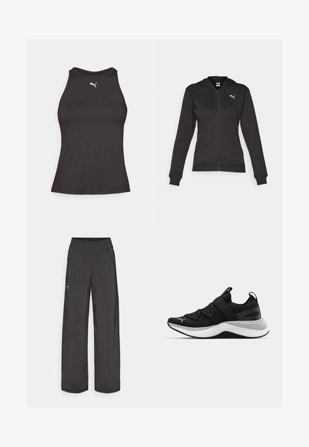 Hanorac negru cu fermoar, dintr-un amestec moale de bumbac, dotat cu un buzunar tip Kangaroo, șnururi ajustabile și un logo alb pe partea stângă a pieptului.; Tricou sport negru fără mâneci, cu guler înalt, având un mic logo alb Puma pe partea stângă a pieptului. Fabricat dintr-un material neted și elastic.; Pantaloni atletici negri cu un talie lată, buzunare laterale și cusături plate. Prezintă un mic logo pe piciorul stâng. Realizați dintr-un material neted și elastic.; Pantof de sport negru cu un upper texturat, curele elastice și o talpă intermediară groasă albă. Are un accent gri pe lungimea tălpii.