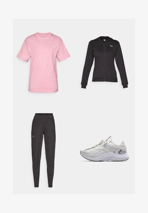 Czarna bluza z kapturem na zamek, wykonana z miękkiej mieszanki bawełny, z kieszenią kangurką, regulowanymi sznurkami i białym logo na lewej piersi.; Jasnoróżowa bawełniana koszulka z krótkim rękawem i okrągłym dekoltem. Posiada subtelne logo Puma oraz tekst "Puma Athletics" w kolorze kremowym.; Czarne legginsy sportowe wykonane z elastycznego materiału, z wysokim stanem, bocznymi kieszeniami oraz małym odblaskowym logo na lewym udzie.; Białe buty sportowe z teksturowaną cholewką, okrągłym przodem i amortyzowaną podeszwą. Posiadają wzorzysty akcent w okolicy pięty i płaskie sznurowadła.