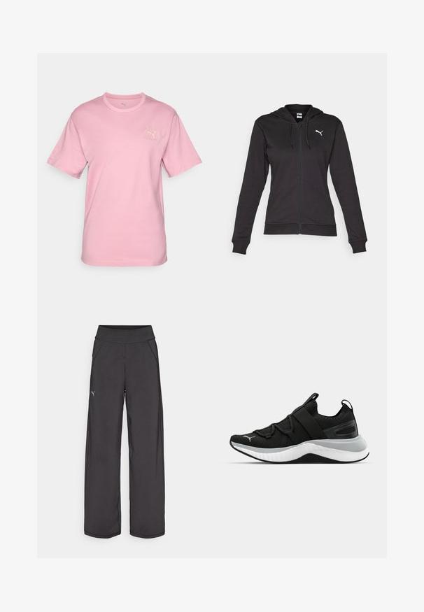 Black zip-up hoodie made of soft cotton blend, featuring a Kangaroo pocket, adjustable drawstrings, and a white logo on the left chest.; Light pink cotton T-shirt with short sleeves and a round neckline. Features a subtle Puma logo and "Puma Athletics" text in cream.; Black athletic pants with a wide waistband, side pockets, and flat seams. Features a small logo on the left leg. Made from smooth, stretchy fabric.; Black athletic shoe with a textured upper, elastic straps, and a thick white midsole. Features a grey accent along the sole.