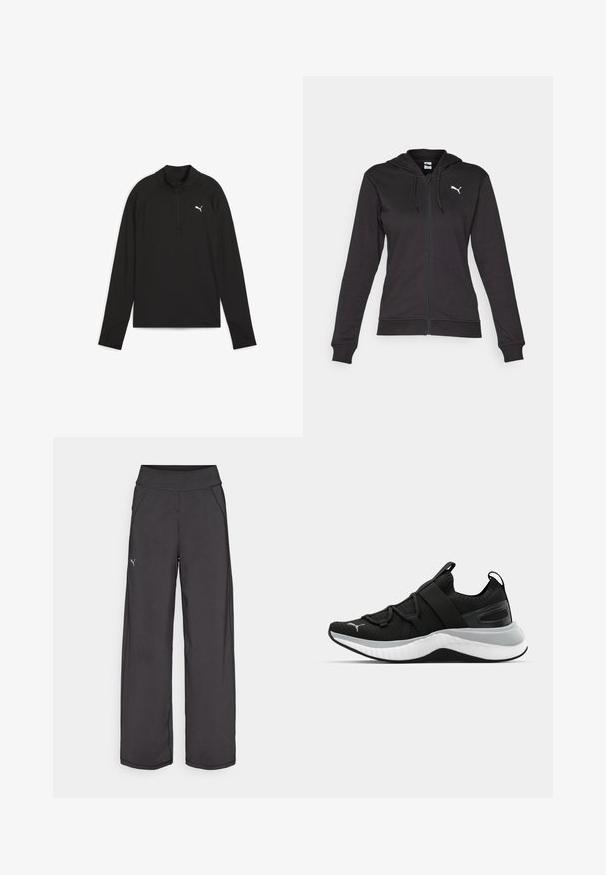 Sudadera con cremallera negra hecha de una suave mezcla de algodón, con un bolsillo canguro, cordones ajustables y un logo blanco en el lado izquierdo del pecho.; Camisa atlética negra de manga larga con cuello con cremallera de cuarto, con logotipo blanco en el pecho y tejido suave y ligero.; Pantalones deportivos negros con una cinturilla ancha, bolsillos laterales y costuras planas. Presenta un pequeño logo en la pierna izquierda. Fabricado con una tela suave y elástica.; Zapato deportivo negro con parte superior texturizada, correas elásticas y una suela intermedia blanca gruesa. Presenta un acento gris a lo largo de la suela.