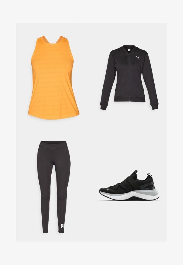 Zwarte zip-up hoodie gemaakt van een zachte katoenmix, met een kangoeroezak, verstelbare trekkoorden en een wit logo op de linkerborst.; Oranje sporttanktop met een gestructureerd patroon, voorzien van een ronde hals en brede banden voor ondersteuning en bewegingsvrijheid.; Zwarte leggings van rekbaar materiaal, met een hoge tailleband en een wit logo dat op het onderste deel van het linkerbeen is gedrukt. Glad materiaal.; Zwarte sportschoen met een gestructureerde bovenkant, elastische banden en een dikke witte tussenzool. Heeft een grijze accent langs de zool.