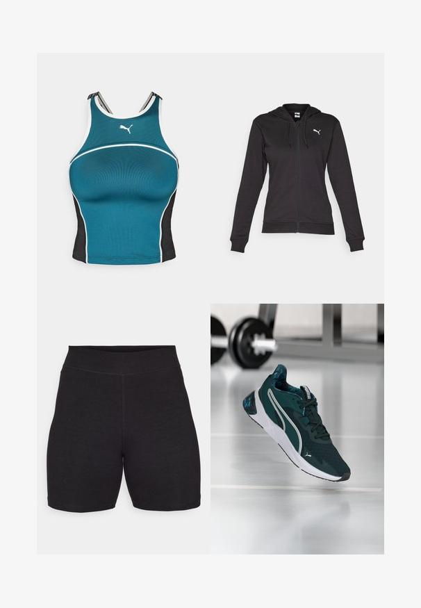 Black zip-up hoodie made of soft cotton blend, featuring a Kangaroo pocket, adjustable drawstrings, and a white logo on the left chest.; Teal athletic tank top made of ribbed material with black sides and white accents. Features Puma logo on the chest and adjustable straps.; Black cycling shorts with a high waist, made of stretchy, soft fabric. Features flat seams and a smooth texture for comfort.; Dark green and white Puma sneaker with patterned cushioning, displayed mid-air on a gym floor near a barbell weight rack.