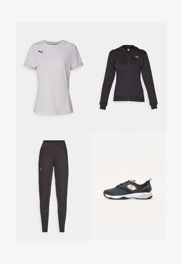Must kombinatsioonist valmistatud must kapuutsiga dressipluus, millel on tasku ja reguleeritavad tõmblukud, ning valge logo vasakul rinnal.; Valge spordit-särk, mis on valmistatud niiskust imavast kangast, millel on võrkmaterjalist külgpaneelid ja must logo detail rinnal. Lühikesed varrukad ja ümar kaelus.; Mustad mustriga mustad leggingud, mis on valmistatud venivast kangast. Neil on kõrge vöökoht, küljetaskud ja väike peegelduv logo vasakul reitel.; Must värvi spordijalatsid, millel on võrgusilmast pealne osa, valged ja helesinised aktsendid, paelaga kinnitus ning tekstuuriga tallad haardeks. Kerged ja paindlikud.