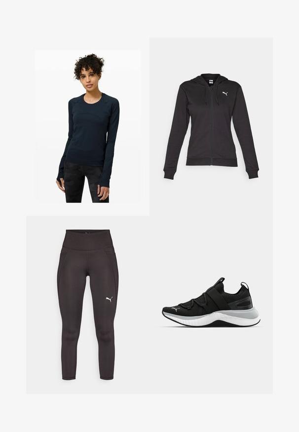 Zwarte zip-up hoodie gemaakt van een zachte katoenmix, met een kangoeroezak, verstelbare trekkoorden en een wit logo op de linkerborst.; Donker marineblauwe longsleeve sporttop met een ronde halslijn, voorzien van raglanmouwen en duimhole. Glad fabric met een aansluitend ontwerp.; Zwarte sportieve legging van rekbaar materiaal met een hoge tailleband, voorzien van zijzakken en een wit logo op het linkerpijp.; Zwarte sportschoen met een gestructureerde bovenkant, elastische banden en een dikke witte tussenzool. Heeft een grijze accent langs de zool.