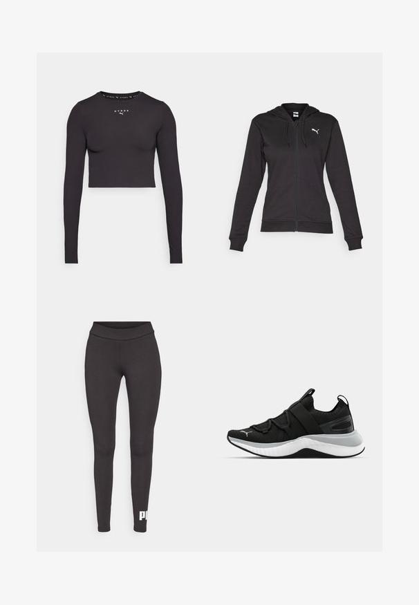 Musta vetoketjuhuppari, joka on valmistettu pehmeästä puuvillasekoituksesta. Hupparissa on kengurun tasku, säädettävät nyörit ja valkoinen logo vasemmassa rinnassa.; Mustat lyhyet hihat ja pitkät hihat, jotka on valmistettu joustavasta kankaasta. Ominaisuuksiin kuuluu pyöreä pääntie ja keskiakselille sijoitettu valkoinen logo. Silkkinen rakenne, istuva muoto.; Mustat leggingsit, jotka on valmistettu venyvästä kankaasta, korkealla vyötäröllä ja valkoisella logolla vasemmassa alakulmassa. Sileä pinta.; Musta urheilujalkine, jossa on teksturoitu päällinen, joustavat remmit ja paksu valkoinen välikerros. Sisältää harmaan yksityiskohdan pohjan reunassa.