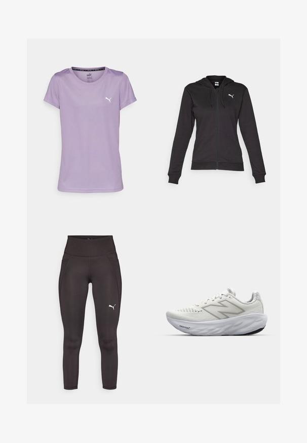 Musta vetoketjuhuppari, joka on valmistettu pehmeästä puuvillasekoituksesta. Hupparissa on kengurun tasku, säädettävät nyörit ja valkoinen logo vasemmassa rinnassa.; Puma PERFORMANCE TEE - Tekninen t-paita - pale plum; Musta urheiluleggingsit, joissa on joustava materiaali ja korkea vyötärö. Legginseissä on sivutaskut ja valkoinen logo vasemmassa lahkeessa.; Valkoiset urheilukengät, joissa on verkkonauhainen päällinen, pehmustettu kaula, teksturoitu pohja ja "Fresh Foam" -merkintä välipohjassa.