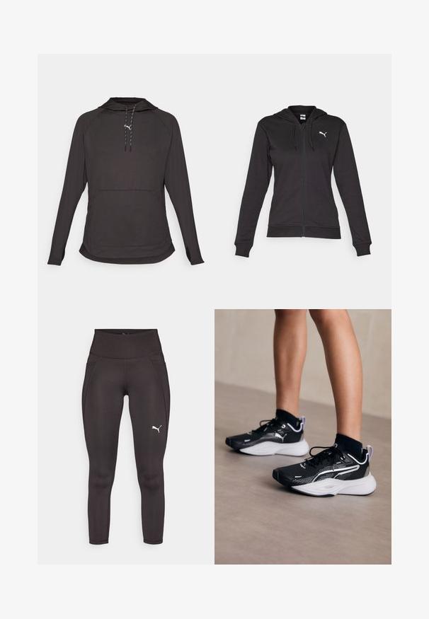 Melna jaka ar rāvējslēdzēju, izgatavota no mīksta kokvilnas maisījuma, ar kenguru kabatu, regulējamiem aukliņām un balto logo kreisajā krūtī.; Melna garen̦a piedurknēs kapucēta džemperis, izgatavots no viegla materiāla, ar priekšējo kabatu un kapuci ar kontrastējošām akcentiem.; Melni sporta legingi, izgatavoti no elastīga materiāla, ar augstu jostasvietu, ar sānu kabatām un baltu logotipu kreisajā kājā.; Melnas sporta kurpes ar baltajiem akcentiem, acs augšdaļa, auklas un amortizēta papēža daļa. Izceļas ar teksturētu zoli labākai saķerei.