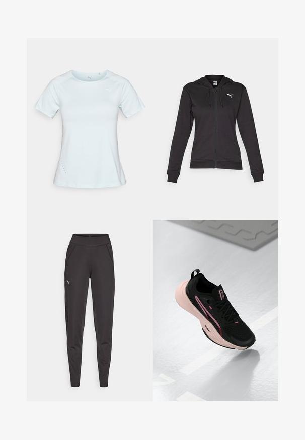 Musta vetoketjuhuppari, joka on valmistettu pehmeästä puuvillasekoituksesta. Hupparissa on kengurun tasku, säädettävät nyörit ja valkoinen logo vasemmassa rinnassa.; Vaalea sininen lyhythihainen urheilupaita, joka on valmistettu sileästä kankaasta, sisältää pyöreän kaula-aukon ja pieniä reikiä sivuilla. Logon rinnassa.; Mustat urheilulegginsit, jotka on valmistettu joustavasta kankaasta. Niissä on korkea vyötärö, sivutaskut ja pieni heijastava logo vasemmassa reidessä.; Mustat urheilukengät, joissa on vaaleanpunaisia yksityiskohtia ja teksturoitu pinta. Varustettu vaaleanpunaisella pehmustetulla pohjalla ja mustilla nauhoilla. Kevyt muotoilu suorituskykyä varten.