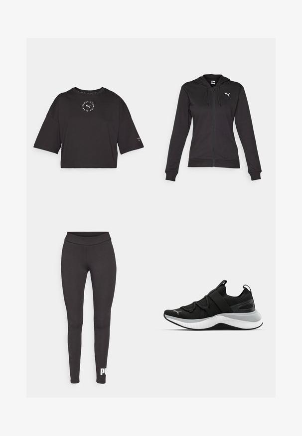 Must kombinatsioonist valmistatud must kapuutsiga dressipluus, millel on tasku ja reguleeritavad tõmblukud, ning valge logo vasakul rinnal.; Musta lühike T-särk üle suurte varrukatega. Esipaneelil on ringikujuline valge logo ja väiksed aktsendid varrukal. Puuvilla segu materjal.; Mustad mustriga retuused, mis on valmistatud venivast kangast. Neil on kõrge vöökoht ja vasakul säärel on valge logo trükitud. Siledad tekstuur.; Must have tekstuuriga ülemise osaga mustad spordijalatsid, elastsete rihmade ja paksu valge vaheosaga. Omab halli aktsenti talla ääres.