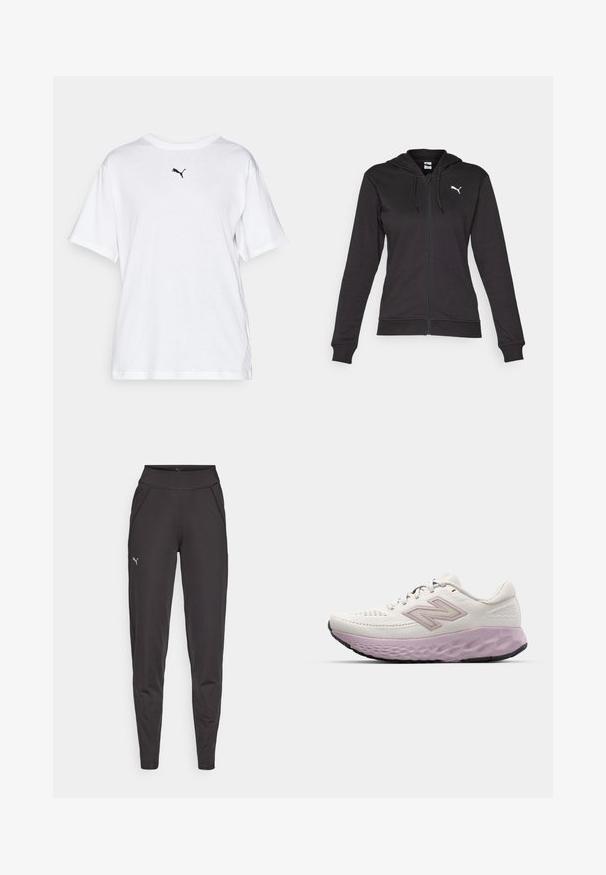 Black zip-up hoodie made of soft cotton blend, featuring a Kangaroo pocket, adjustable drawstrings, and a white logo on the left chest.; White cotton t-shirt with a round neckline and short sleeves. Features a small black logo on the chest. Classic relaxed fit.; Black athletic leggings made of stretchy fabric, featuring a high waistband, side pockets, and a small reflective logo on the left thigh.; Lightweight running shoe in white mesh with a pink midsole. Features a textured sole and side logo, designed for comfort and support.