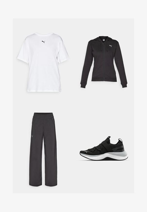 Black zip-up hoodie made of soft cotton blend, featuring a Kangaroo pocket, adjustable drawstrings, and a white logo on the left chest.; White cotton t-shirt with a round neckline and short sleeves. Features a small black logo on the chest. Classic relaxed fit.; Black athletic pants with a wide waistband, side pockets, and flat seams. Features a small logo on the left leg. Made from smooth, stretchy fabric.; Black athletic shoe with a textured upper, elastic straps, and a thick white midsole. Features a grey accent along the sole.