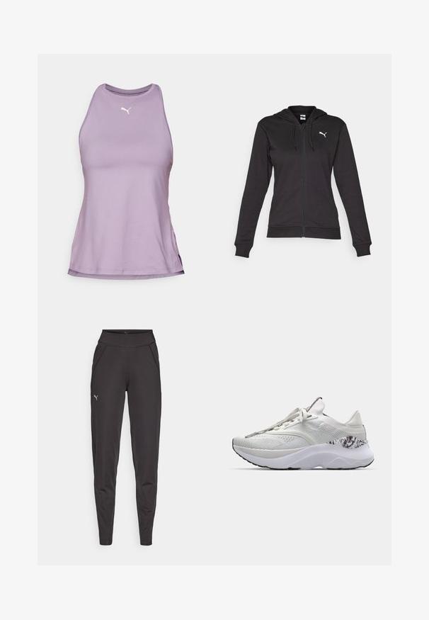 Svart zip-up hettegenser laget av en myk bomullsblanding, med kengurulomme, justerbare snorer og en hvit logo på venstre bryst.; Puma RACERBACK TANK - Topper - pale plum; Sorte athletic leggings laget av elastisk materiale, med høy midje, sidelommer og en liten reflekslogo på venstre lår.; Hvit treningssko med en teksturert overdel, rund tå og en dempet såle. Har et mønstrete aksent nær hælen og flate lisser.