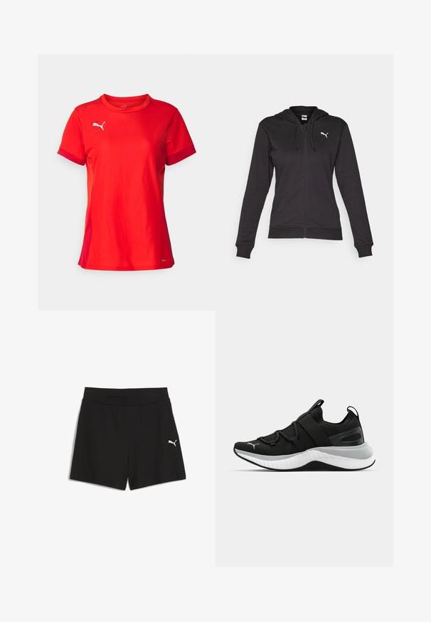 Must kombinatsioonist valmistatud must kapuutsiga dressipluus, millel on tasku ja reguleeritavad tõmblukud, ning valge logo vasakul rinnal.; Punane sportlik T-särk lühikeste varrukatega, ümmarguse kaelusega ja valge Puma logo vasakus ülanurgas. Sile kangas kontrastsete varruka aktsentidega.; Mustad ribidega lühikesed püksid, millel on lai elastne vöökoht ja väike valge Puma logo vasakus allnurgas.; Must have tekstuuriga ülemise osaga mustad spordijalatsid, elastsete rihmade ja paksu valge vaheosaga. Omab halli aktsenti talla ääres.
