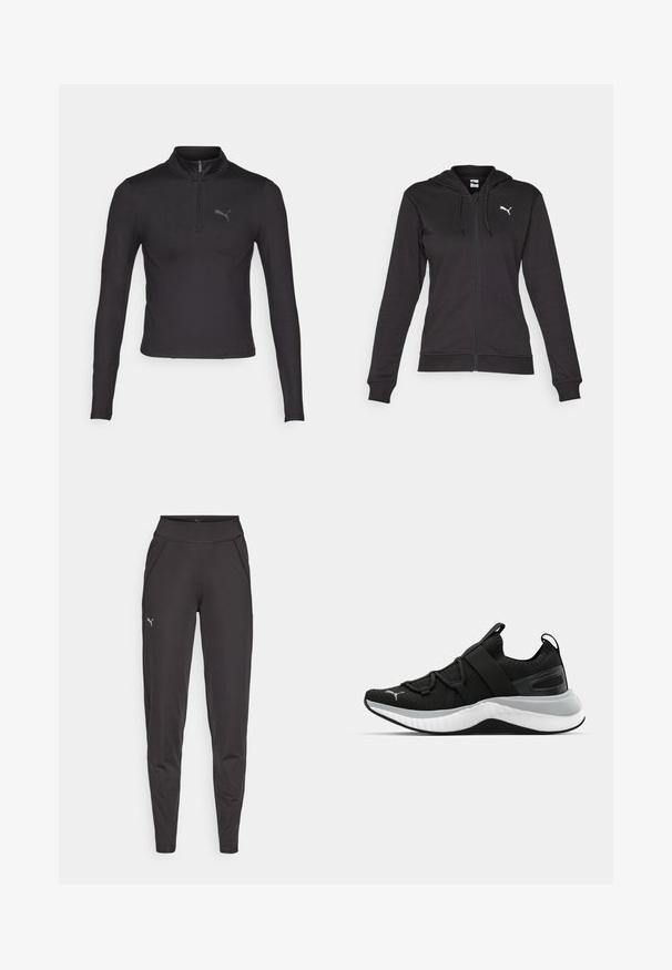 Svart zip-up hettegenser laget av en myk bomullsblanding, med kengurulomme, justerbare snorer og en hvit logo på venstre bryst.; Svart langermet sportstopp med høy krage og kvart glidelås. Har en diskret logo på brystet og en tettsittende design.; Sorte athletic leggings laget av elastisk materiale, med høy midje, sidelommer og en liten reflekslogo på venstre lår.; Sorte treningssko med en teksturert overdel, elastiske stropper og en tykk hvit mellomsåle. Har en grå aksent langs sålen.