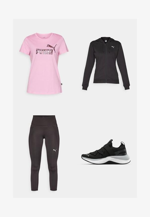 Sudadera con cremallera negra hecha de una suave mezcla de algodón, con un bolsillo canguro, cordones ajustables y un logo blanco en el lado izquierdo del pecho.; Puma ANIMAL TEE - Camiseta estampada - mauved out; Mallas deportivas negras hechas de un material elástico con una cintura alta, que cuentan con bolsillos laterales y un logo blanco en la pierna izquierda.; Zapato deportivo negro con parte superior texturizada, correas elásticas y una suela intermedia blanca gruesa. Presenta un acento gris a lo largo de la suela.