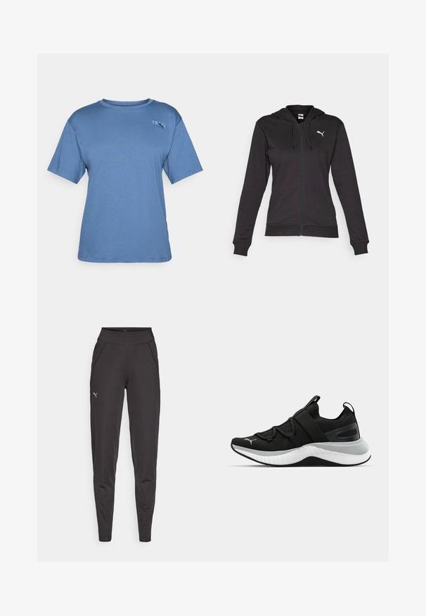 Must kombinatsioonist valmistatud must kapuutsiga dressipluus, millel on tasku ja reguleeritavad tõmblukud, ning valge logo vasakul rinnal.; Sinine lühikeste varrukatega puuvillane T-särk ümmarguse kaelusega, mille vasakul rinnal on väike valge "TRAIN" logo.; Mustad mustriga mustad leggingud, mis on valmistatud venivast kangast. Neil on kõrge vöökoht, küljetaskud ja väike peegelduv logo vasakul reitel.; Must have tekstuuriga ülemise osaga mustad spordijalatsid, elastsete rihmade ja paksu valge vaheosaga. Omab halli aktsenti talla ääres.