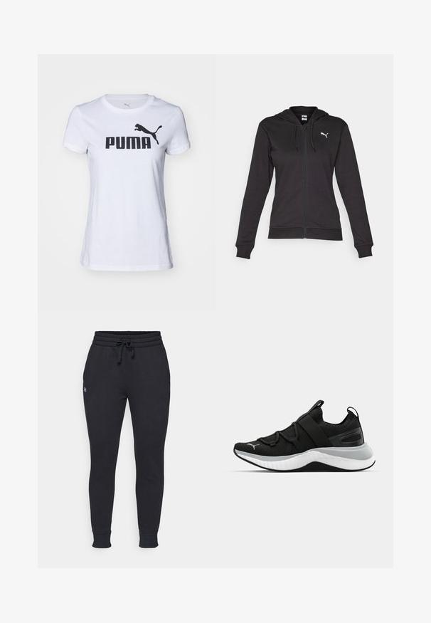 Sudadera con cremallera negra hecha de una suave mezcla de algodón, con un bolsillo canguro, cordones ajustables y un logo blanco en el lado izquierdo del pecho.; Camiseta de algodón blanca con cuello redondo, que presenta un gran logo negro de "PUMA" y la silueta de un puma negro en el hombro izquierdo.; Pantalones deportivos negros con cintura elástica, cordón ajustable, puños acanalados y un pequeño logo en la pierna izquierda. Material suave de mezcla de algodón.; Zapato deportivo negro con parte superior texturizada, correas elásticas y una suela intermedia blanca gruesa. Presenta un acento gris a lo largo de la suela.