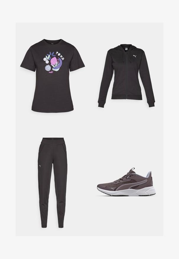 Μαύρο φούτερ με φερμουάρ από μαλακό μείγμα βαμβακιού, με καγκουρό τσέπη, ρυθμιζόμενους κορδόνια και λευκό λογότυπο στο αριστερό στήθος.; Μαύρο βαμβακερό μπλουζάκι με χρωματιστό γραφικό σχέδιο που περιλαμβάνει φυτά και σχήματα. Στα μανίκια είναι κοντά και έχει στρογγυλή λαιμόκοψη. Εμφανές το λογότυπο της μάρκας.; Μαύρα αθλητικά κολάν από ελαστικό ύφασμα, με ψηλή μέση, πλευρικές τσέπες και ένα μικρό ανακλαστικό λογότυπο στον αριστερό μηρό.; Γκρι αθλητικό παπούτσι με επάνω από διχτυωτό υλικό, λευκή σόλα και αντίθετες λεπτομέρειες. Διαθέτει σύστημα κορδονιών και υφή για καλύτερη πρόσφυση.