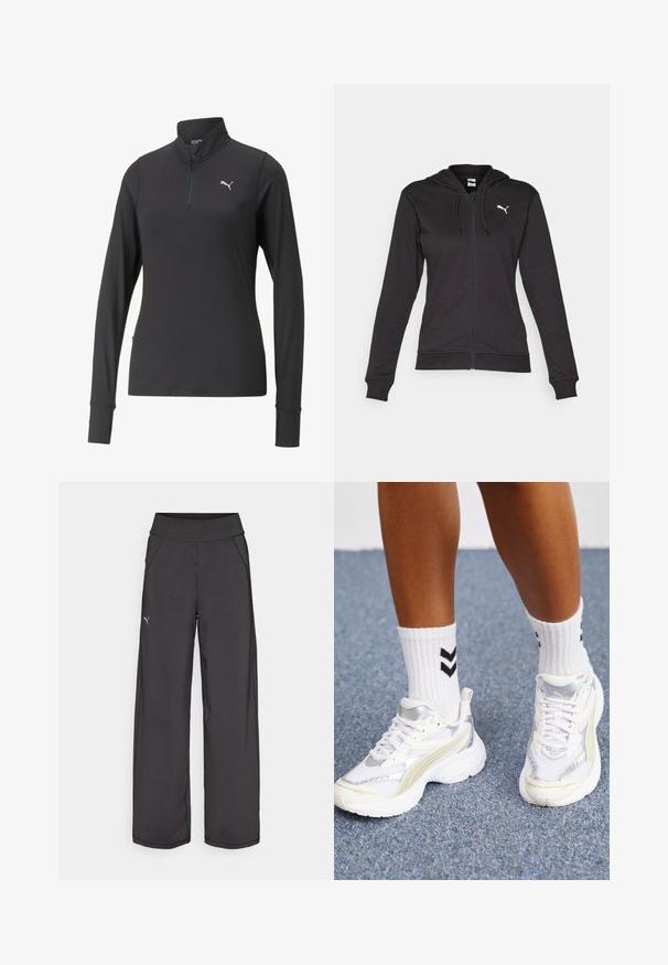 Zwarte zip-up hoodie gemaakt van een zachte katoenmix, met een kangoeroezak, verstelbare trekkoorden en een wit logo op de linkerborst.; Zwarte langemouwen quarter-zip shirt van soepel, lichtgewicht stof met een klein wit logo op de borst en duimgaten in de manchetten.; Zwarte sportbroek met een brede tailleband, zijzakken en platte naden. Bevat een klein logo op het linkerbeen. Gemaakt van gladde, rekbare stof.; Witte sneakers met zilveren accenten, gemaakt van mesh-materiaal en met een chunky ontwerp. Gecombineerd met witte sokken met zwarte chevronpatronen.