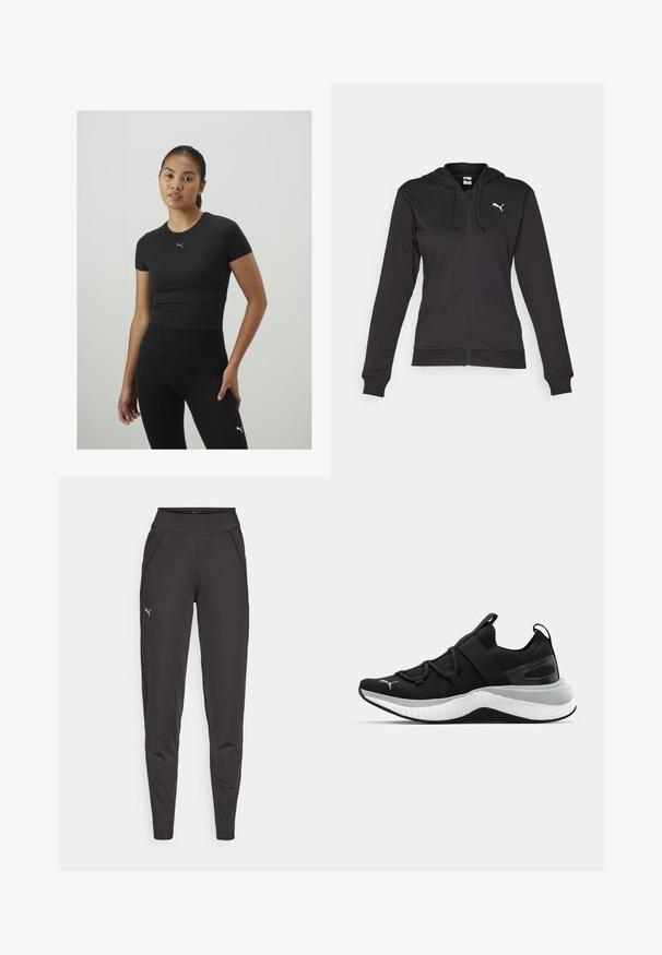 Melna jaka ar rāvējslēdzēju, izgatavota no mīksta kokvilnas maisījuma, ar kenguru kabatu, regulējamiem aukliņām un balto logo kreisajā krūtī.; Melnā sportiskā blūze ar īsām piedurknēm, izgatavota no gludas auduma. Uz krūtīm ir mazs pelēks Puma logo. Valkāta kopā ar melnām augsto vidukli legingām.; Melni sporta legingi, izgatavoti no elastīgas auduma, ar augstu jostasvietu, sānu kabatām un mazu atstarojošu logotipu uz kreisā augšstilba.; Melna sporta kurpe ar teksturētu augšējo daļu, elastīgām siksnām un biezu baltu vidusdaļu. Ievietots pelēks akcenta elements gar zoli.