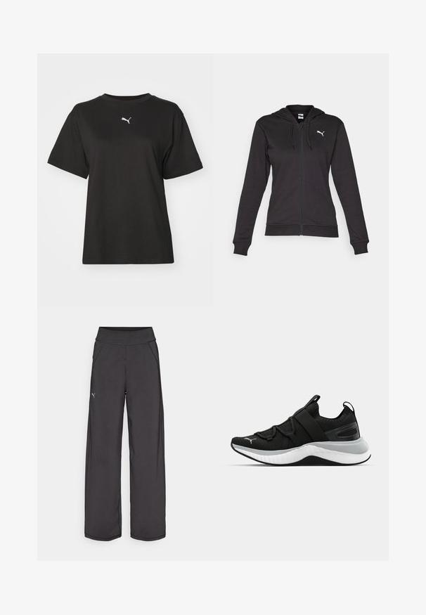 Črna zip-up kapuca iz mešanice mehkega bombaža, ki ima kenguru žep, nastavljive vrvice in belo logo na levem prsnem delu.; Črna bombažna majica s kratkimi rokavi in okroglim izrezom, z belim logotipom Puma na prsih. Gladka tekstura, priložnostna prileganje.; Črne atletske hlače z širokim pasom, stranskimi žepi in ravnimi šivi. Imajo majhen logotip na levi nogi. Narejene so iz gladkega, raztegljivega materiala.; Črne atletske čevlje z teksturirano zgornjšo plastjo, elastičnimi trakovi in debelim belim srednjim podplatom. Imajo sivo akcentsko linijo ob podplatu.