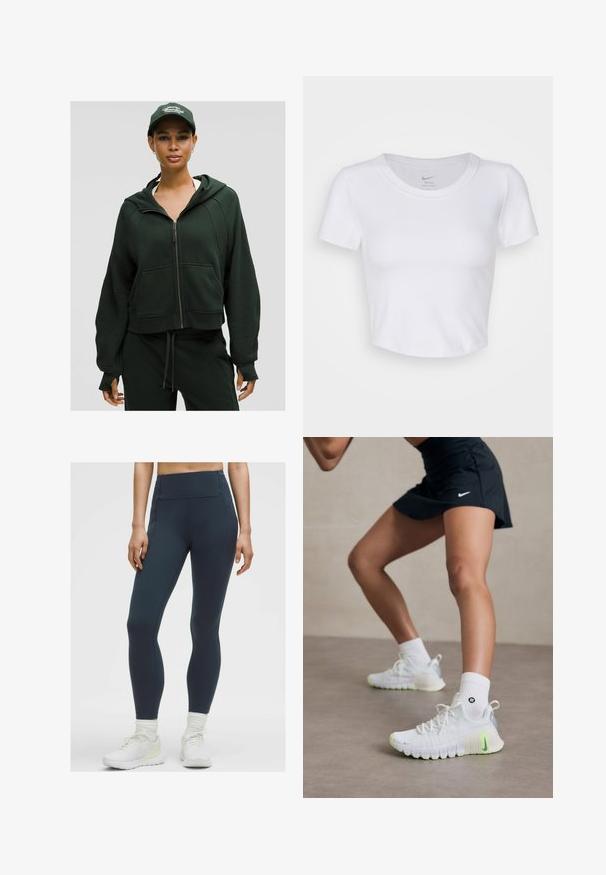 Žena u tamnozelenoj zip-up dukserici, odgovarajućim hlačama i tamnozelenoj kapici s bijelim tekstom, stoji nasuprot jednostavnoj svijetloj pozadini.; Bijela, kratkotrajna majica s kratkim rukavima izrađena od glatkog sintetičkog materijala. Ima okrugli izrez i Nike logo unutar ovratnika.; Hulahup s visokim strukom, tamnoplave boje, izrađen od rastezljivog, glatkog materijala s ravnim šavovima i bez vidljivih džepova, uparen s bijelim sportskim tenisicama.; Bijele atletske tenisice s teksturiranom površinom, neon zeleni detalji i istaknutim Nike logotipom. Uparene s bijelim čarapama do gležnja.