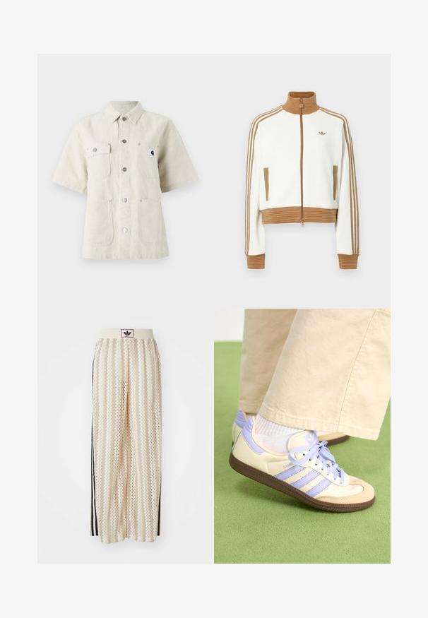 White cropped jacket with a ribbed brown collar and cuffs. Features two side pockets and three brown stripes along the sleeves. Embroidered logo.; Short-sleeve shirt in light beige fabric, featuring a pointed collar, front buttons, two chest pockets, and a small logo patch on the left.; Cream-colored wide-leg pants with a zigzag pattern, featuring a black logo waistband and side black stripes. Lightweight, textured fabric.; Cream and lavender sneakers with three stripes and a textured brown sole, featuring laces and a padded heel. Soft fabric upper.