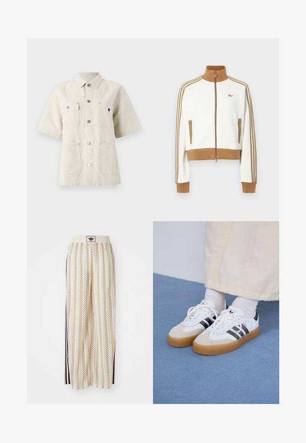 Biely skrátený kabát s rebrovaným hnedým golierom a manžetami. Obsahuje dve bočné vrecká a tri hnedé pruhy po stranách rukávov. Vyšívané logo.; Košeľa s krátkym rukávom v svetlo béžovej látke, s klopovým golierom, prednými gombíkmi, dvoma vreckami na hrudi a malou nášivkou loga na ľavej strane.; Béžové nohavice s širokými nohavicami a zigzagovými vzormi, s čiernym logom na páse a bočnými čiernymi pruhmi. Ľahká, textúrovaná látka.; Biele tenisky s čiernymi pruhmi a béžovými semišovými detailmi. Majú textúrovanú gumovú podrážku a ploché biele šnúrky, kombinované s svetlými ponožkami.