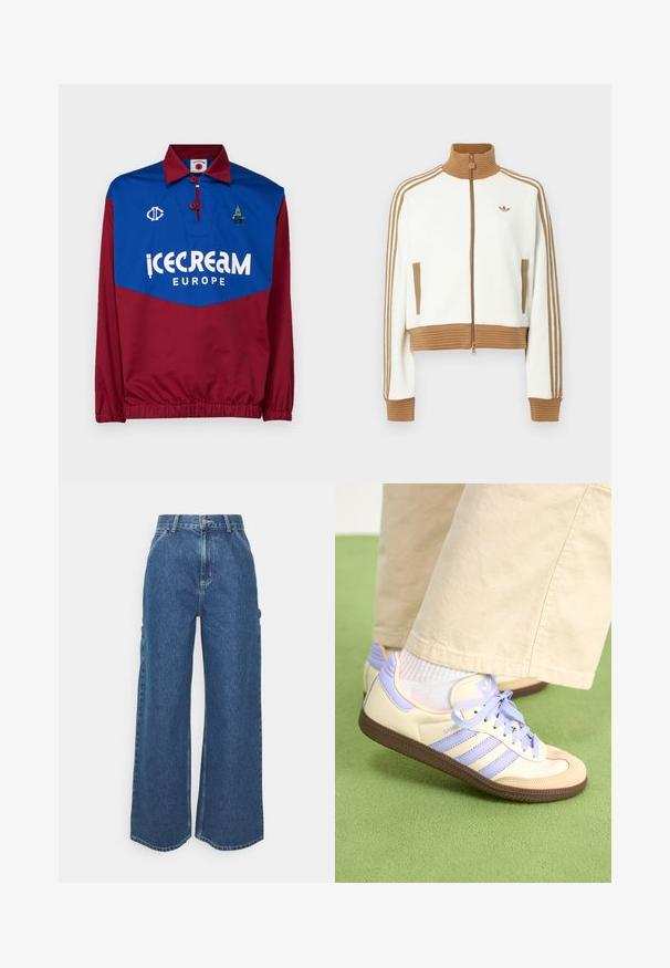 Giacca bianca cropped con collo e polsini a coste marroni. Presenta due tasche laterali e tre strisce marroni lungo le maniche. Logo ricamato.; Maglione rosso e blu con colletto, dotato di un grande logo bianco "icecream EUROPE", dettagli ricamati e polsini elastici in vita e alle maniche.; Pantaloni in denim blu a gamba larga con vita alta, cuciture a contrasto e tasche laterali, caratterizzati da un classico design a cinque tasche e orli grezzi.; Sneakers crema e lavanda con tre strisce e suola marrone texturizzata, dotati di lacci e tallone imbottito. Parte superiore in tessuto morbido.