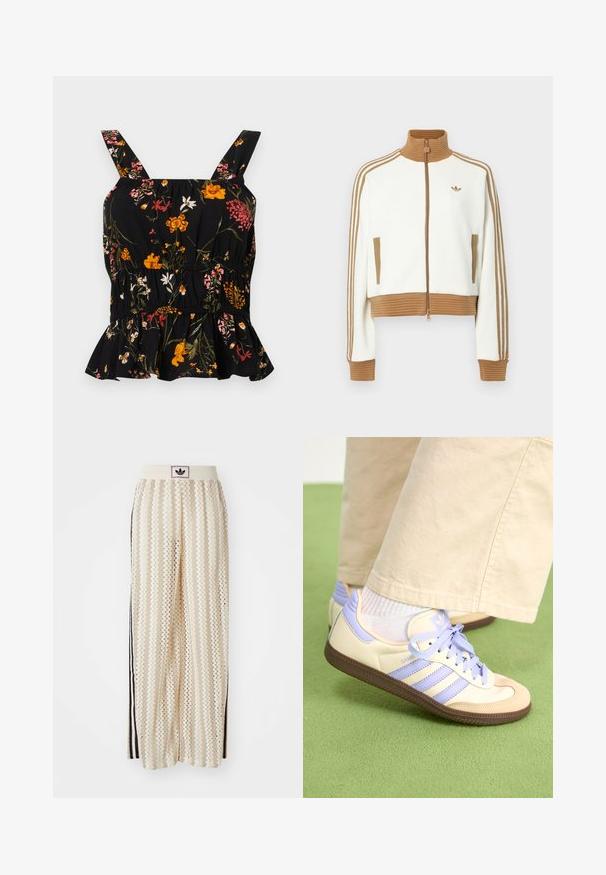 Valge lühendatud jakk, millel on soonikkoes pruun krae ja mansetid. Omab kahte küljetaskut ja kolme pruuni triipu varrukatel. Siidistatud logo.; Mustmustärane lillemustriga peplum top, millel on reguleeritavad sangad; omab värvikat lillemustri roosa ja kollasena, kogutud vöökohta ja volangiga põhi.; Kreemivärvilised lai säärega püksid, millel on siksakmustrit, must logoga vööp ja külgmised mustad triibud. Kerge, tekstureeritud kangas.; Kreemi ja lavendlivärvi tenniset, millel on kolm triipu ja tekstuuriga pruun tall, varustatud paelte ja pehmendatud kontsaga. Pehme kangast ülemine osa.