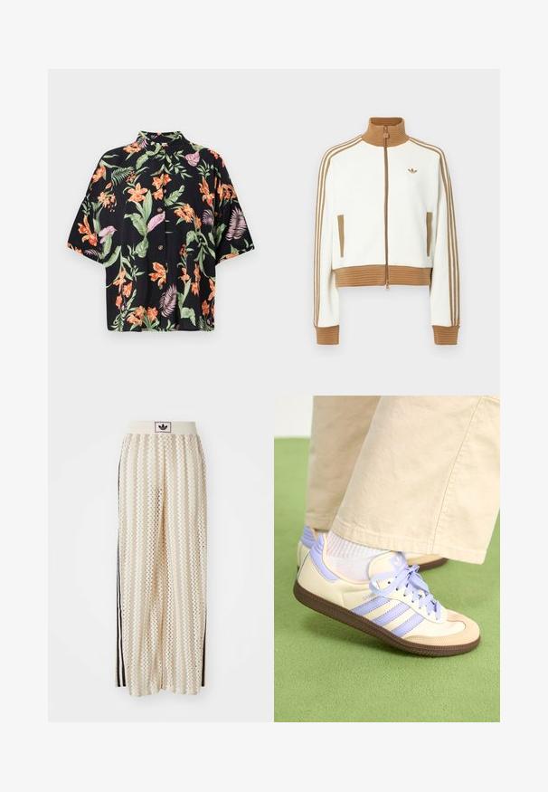 Giacca bianca cropped con collo e polsini a coste marroni. Presenta due tasche laterali e tre strisce marroni lungo le maniche. Logo ricamato.; Camicetta nera a maniche corte con motivo floreale che presenta vivaci fiori arancioni e viola con foglie verdi. Include cinque bottoni e un colletto.; Pantaloni a gamba larga color crema con un motivo a zigzag, dotati di una fascia in vita nera con logo e strisce nere laterali. Tessuto leggero e testurizzato.; Sneakers crema e lavanda con tre strisce e suola marrone texturizzata, dotati di lacci e tallone imbottito. Parte superiore in tessuto morbido.