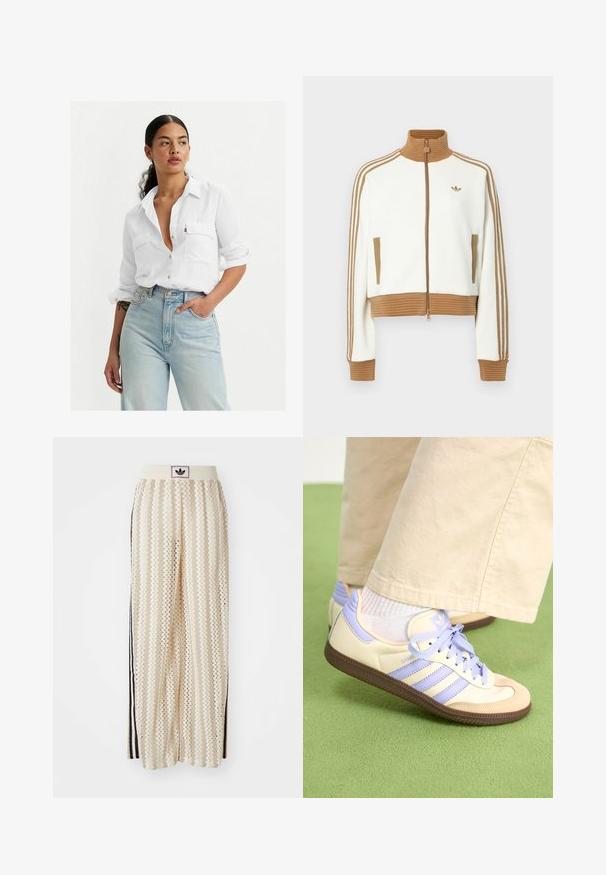 Hvid cropped jakke med en ribbet brun krave og mansjetter. Har to sidelommer og tre brune striber langs ærmerne. Broderet logo.; Hvid skjorte med knapper, to brystlommer, opkrøllede ærmer og en afslappet pasform, parret med lysblå højtaljede jeans og minimale accessories.; Cremefarvede bukser med vidde, der har et zigzag-mønster, med en sort logoelastik i taljen og sorte striber på siden. Letvægtigt, tekstureret stof.; Creme og lavendel sneakers med tre striber og en tekstureret brun sål, der har snørebånd og en polstret hæl. Blødt stof øvre.