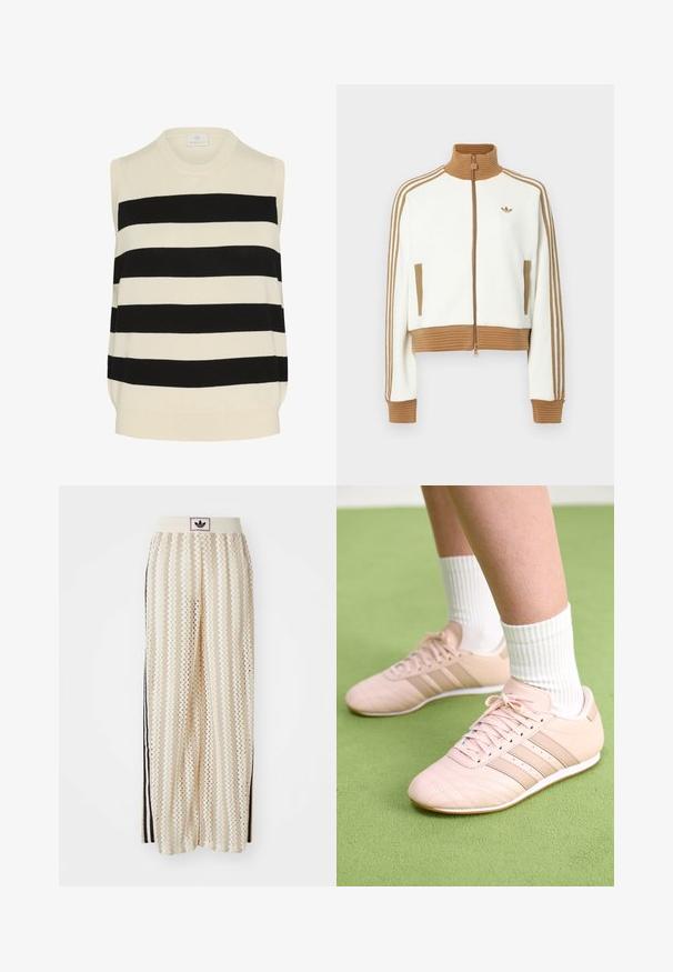 Chaqueta blanca cropped con un cuello y puños de color marrón con canalé. Cuenta con dos bolsillos laterales y tres rayas marrones a lo largo de las mangas. Logo bordado.; Top sin mangas de punto en diseño a rayas en crema y negro. Presenta un escote redondo y un corte relajado con una textura suave.; Pantalones de pierna ancha en color crema con un patrón en zigzag, que cuentan con una cinturilla con logo negro y franjas negras en los laterales. Tejido ligero y texturizado.; Zapatillas deportivas rosa claro con costuras diagonales, suelas blancas y tres rayas laterales. Llevadas con calcetines blancos con canalé sobre una superficie verde.