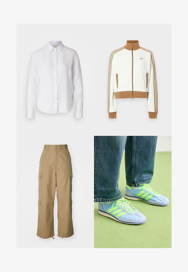 Biała kurtka typu crop z prążkowanym brązowym kołnierzem i mankietami. Posiada dwie boczne kieszenie i trzy brązowe paski na rękawach. Wyhaftowane logo.; Jasnoniebieska koszula w białe paski z guzikami, wykonana z przewiewnego materiału, z klasycznym kołnierzykiem i długimi rękawami z zapięciem na guziki.; Beżowe spodnie cargo z wysokim stanem, szerokimi nogawkami i czterema dużymi bocznymi kieszeniami. Wykonane z trwałego materiału o gładkiej fakturze i minimalnych detalach.; Jasnoniebieskie buty sportowe z zielonymi akcentami, wykonane z zamszu i materiałów syntetycznych, z trzema paskami i teksturowaną podeszwą. Stylizowane z luźnymi dżinsami.