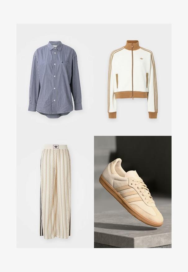 Fehér, rövidített dzseki bordás barna gallérral és mandzsettákkal. Két oldalsó zsebbe és három barna csíkba az ujjak mentén. Hímzett logóval.; Tengerészkék és fehér csíkos, hosszú ujjú ing klasszikus gallérral, elülső zsebbel és gombos záródással. Puha anyag, sima felülettel.; Krém színű, széles szárú nadrág zigzag mintával, fekete logós derékrésszel és fekete oldalsávokkal. Könnyű, texturált anyag.; Világos bézs velúr sportcipő, gumitalppal, három átlós csíkkal és texturált orral. A díszítés a nyelven és az oldalon található.