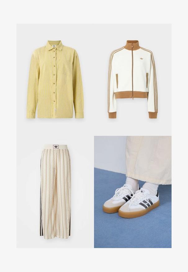White cropped jacket with a ribbed brown collar and cuffs. Features two side pockets and three brown stripes along the sleeves. Embroidered logo.; Yellow checkered button-up shirt with long sleeves, featuring a chest pocket and brown buttons. Made from lightweight, textured fabric.; Cream-colored wide-leg pants with a zigzag pattern, featuring a black logo waistband and side black stripes. Lightweight, textured fabric.; White sneakers with black stripes and beige suede accents. Feature a textured gum sole and flat white laces, worn with light-colored socks.