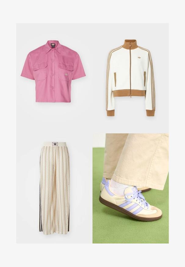 White cropped jacket with a ribbed brown collar and cuffs. Features two side pockets and three brown stripes along the sleeves. Embroidered logo.; Dickies WORK CROPPED - Button-down blouse - mellow mauve; Cream-colored wide-leg pants with a zigzag pattern, featuring a black logo waistband and side black stripes. Lightweight, textured fabric.; Cream and lavender sneakers with three stripes and a textured brown sole, featuring laces and a padded heel. Soft fabric upper.