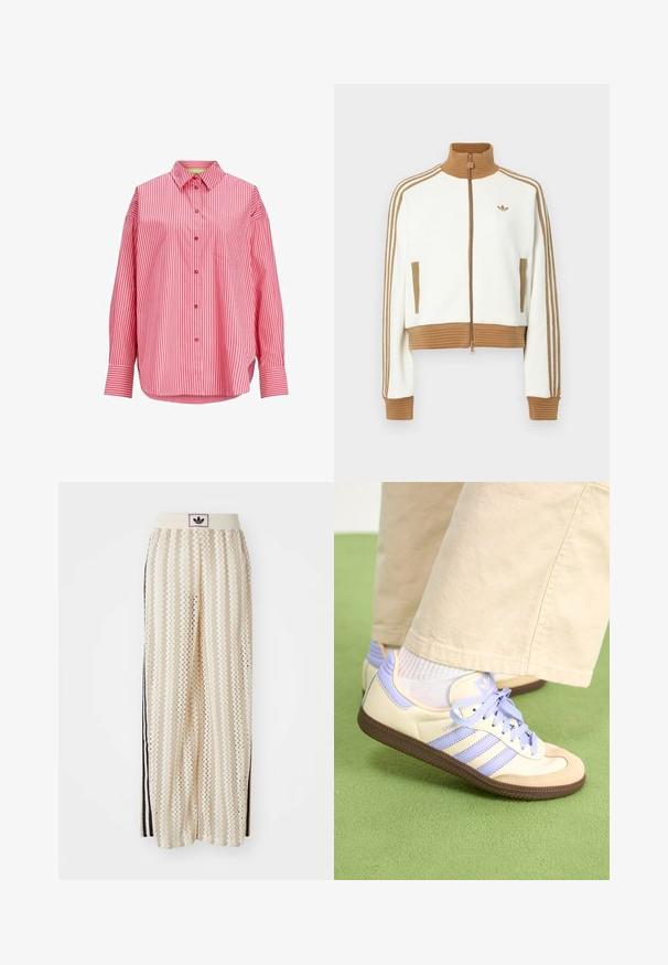 Biała kurtka typu crop z prążkowanym brązowym kołnierzem i mankietami. Posiada dwie boczne kieszenie i trzy brązowe paski na rękawach. Wyhaftowane logo.; Czerwona i biała koszula w paski, zapinana na guziki, z długimi rękawami, jedna kieszeń na piersi, miękki materiał, zaokrąglony dół.; Kremowe szerokie spodnie w stylu palazzo z wzorem w zygzak, z czarnym paskiem z logo oraz bocznymi czarnymi paskami. Lekki, teksturowany materiał.; Kremowe i lawendowe trampki z trzema paskami oraz teksturowaną brązową podeszwą, wyposażone w sznurówki i wyścieloną piętę. Górna część z miękkiego materiału.