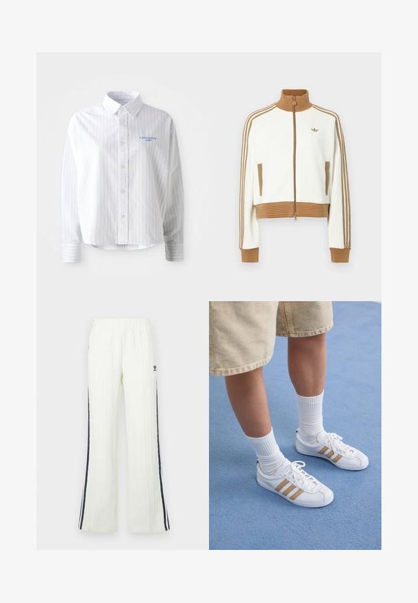 Balta īsā jaka ar ribotu brūnu apkakli un aprocēm. Iezīmēti divi sānu kabatas un trīs brūnas svītras gar piedurknēm. Izšūts logo.; Balta pogām augšējā krekls ar gaiši ziliem vertikāliem rašojumiem, ar asu apkakli un nelielu zilu logo kreisajā krūtī. Kokvilnas audums, brīvs piegriezums.; Gaiši krēmkrāsas bikses ar apļveida adījumu un platām kāju daļām. Tās ir aprīkotas ar tumši zilām sānu svītrām un Adidas logotipu uz gurna. Elastīga jostasvieta.; Baltas sporta apavs ar trim zelta svītrām, šņorējams dizains, gumijas zole, valkāts ar ribotām baltām zeķēm un beigu šortiem uz zila fona.